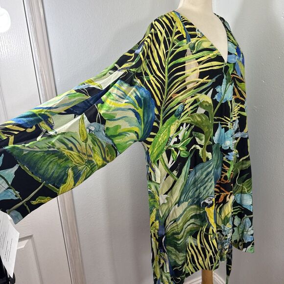 H M Dress Womens L Short Kaftan Multi Tropical Parrot Belted Vacation Resort - Picture 7 of 12